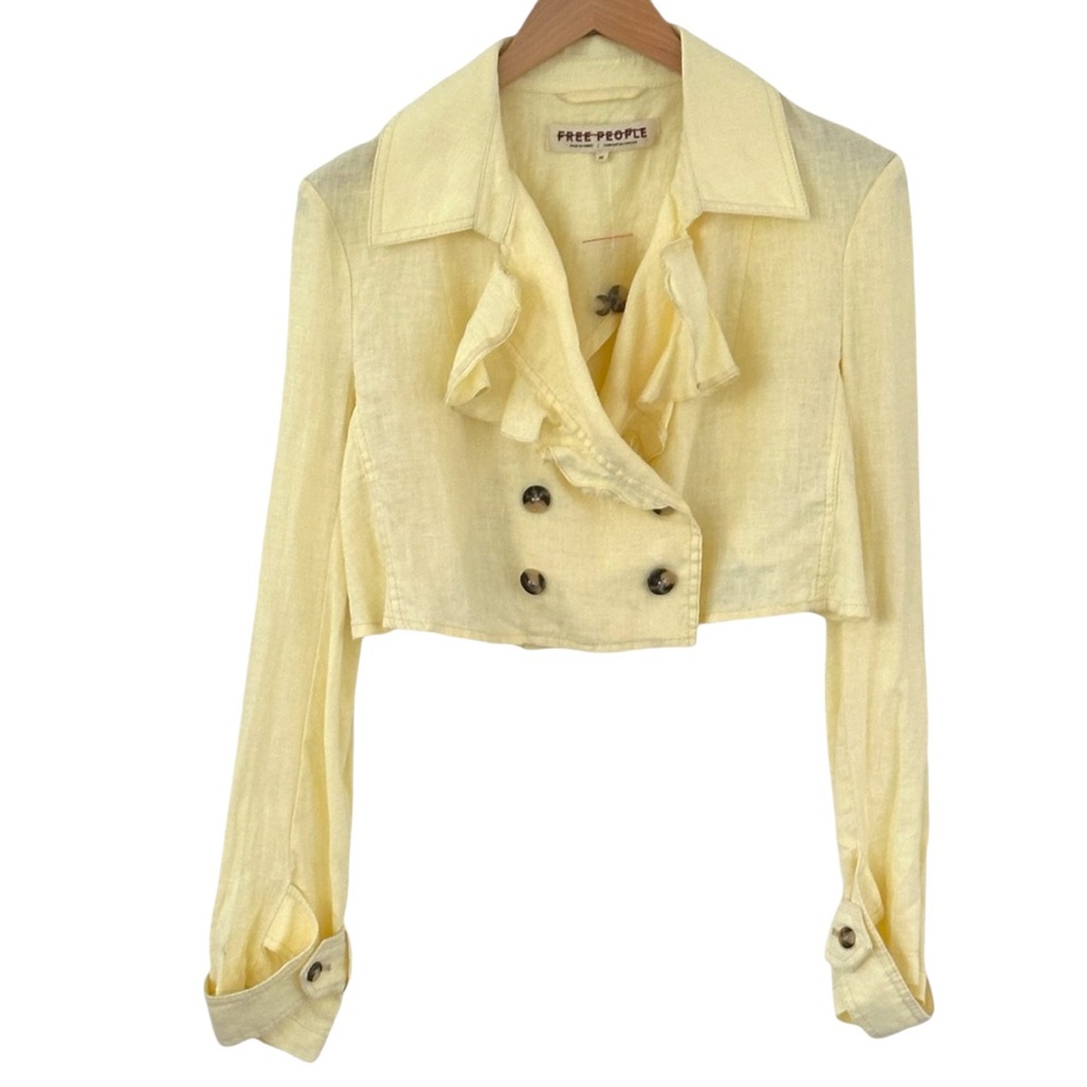 FREE PEOPLE Yellow Cropped Linen Ruffle Cross-Back Jacket Blazer, size XS - Picture 3 of 4